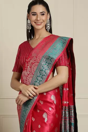red banarasi satin silk ethnic motif sarees