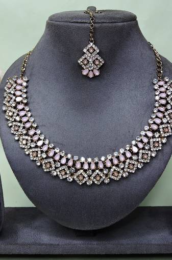 Pink color yellow gold plating festive wear designer necklace set