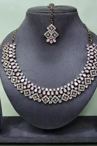 Pink color yellow gold plating festive wear designer necklace set