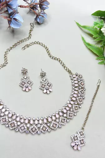 Pink color yellow gold plating festive wear designer necklace set