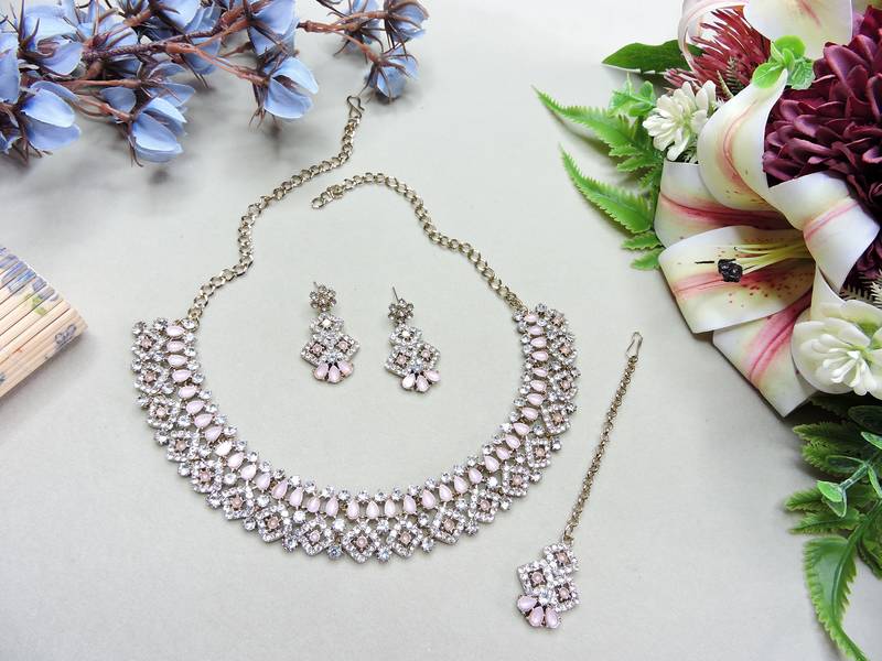 Pink color yellow gold plating festive wear designer necklace set