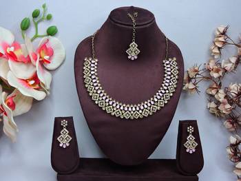 Pink color yellow gold plating festive wear designer necklace set 1