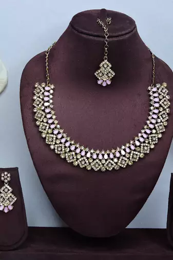 Pink color yellow gold plating festive wear designer necklace set