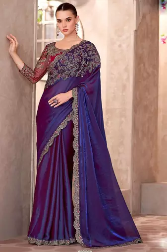 purple embellished embroidered poly georgette heavy work saree