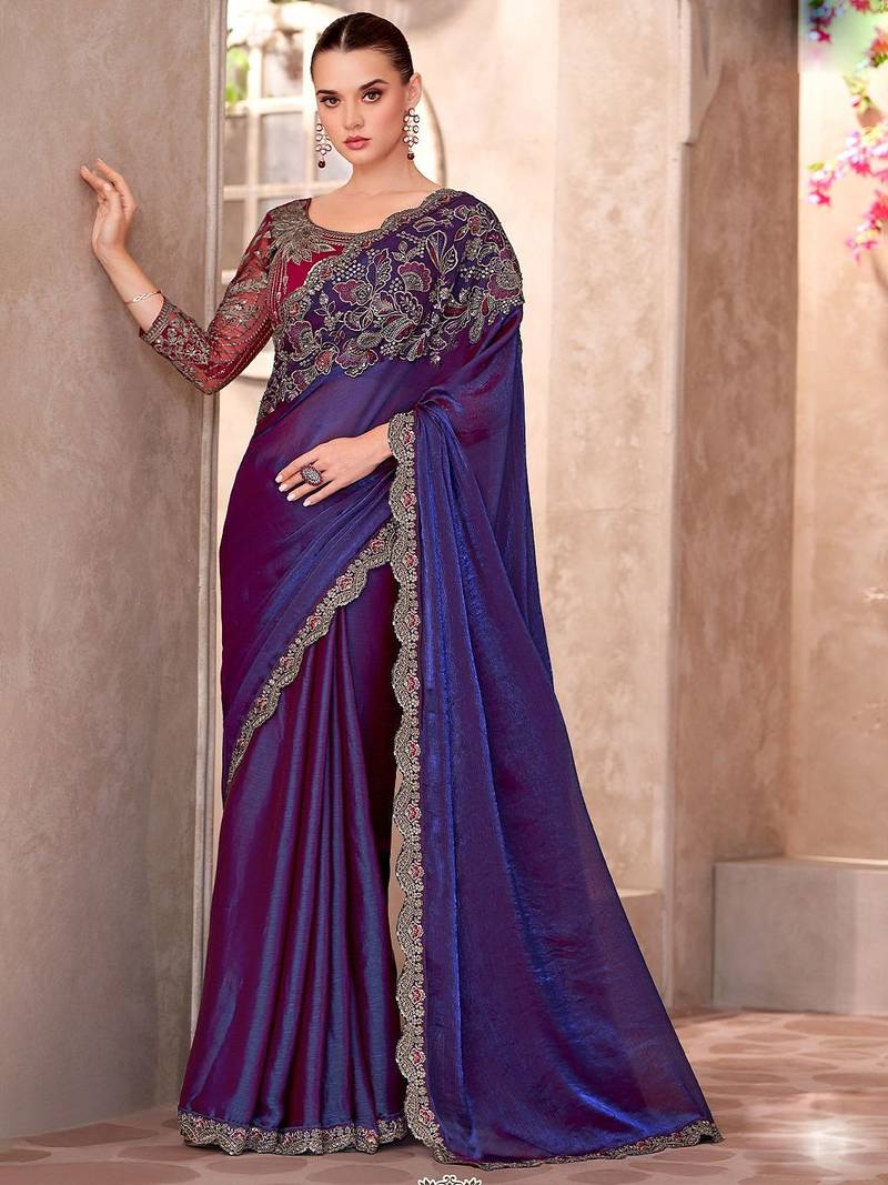 purple embellished embroidered poly georgette heavy work saree