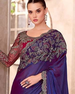 purple embellished embroidered poly georgette heavy work saree 2