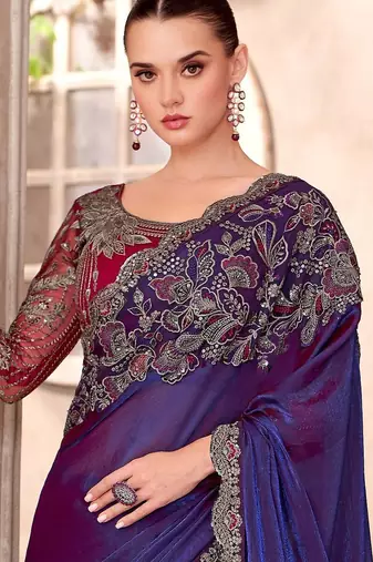 purple embellished embroidered poly georgette heavy work saree