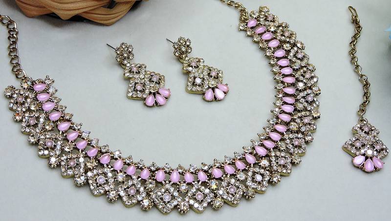 Pink color yellow gold plating festive wear designer necklace set