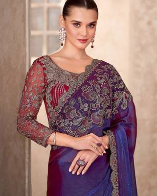 purple embellished embroidered poly georgette heavy work saree 3