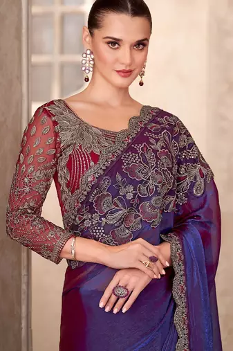purple embellished embroidered poly georgette heavy work saree