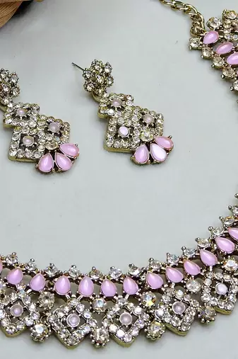 Pink color yellow gold plating festive wear designer necklace set