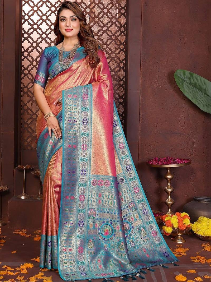 multicolor ethnic motifs zari tissue heavy work paithani saree
