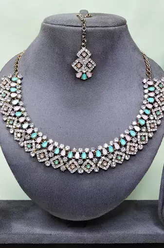 Green color yellow gold plating festive wear designer necklace set