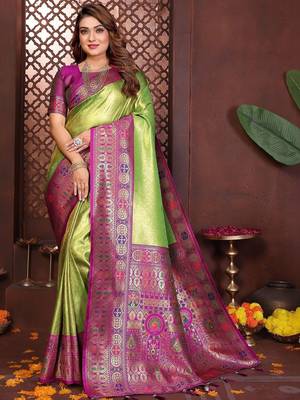 light_lime ethnic motifs zari tissue paithani saree 1