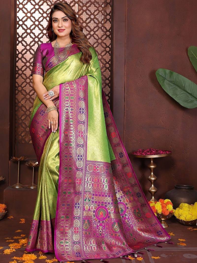light_lime ethnic motifs zari tissue paithani saree