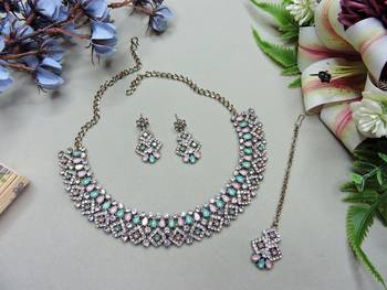 Green color yellow gold plating festive wear designer necklace set 2