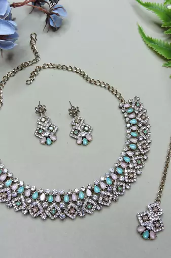 Green color yellow gold plating festive wear designer necklace set