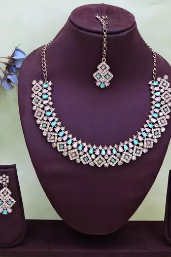 Green color yellow gold plating festive wear designer necklace set