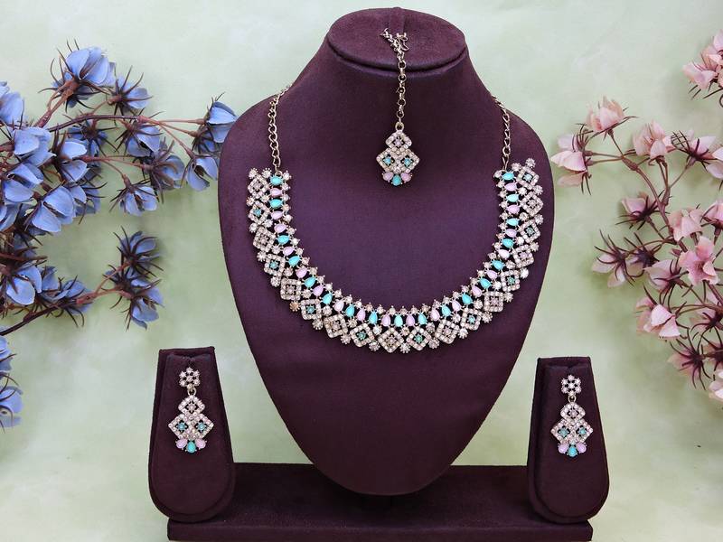 Green color yellow gold plating festive wear designer necklace set