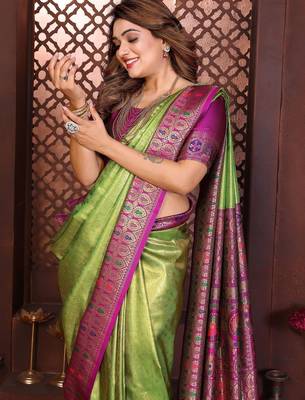 light_lime ethnic motifs zari tissue paithani saree 4