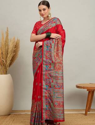 red ethnic motifs silk printing saree 1