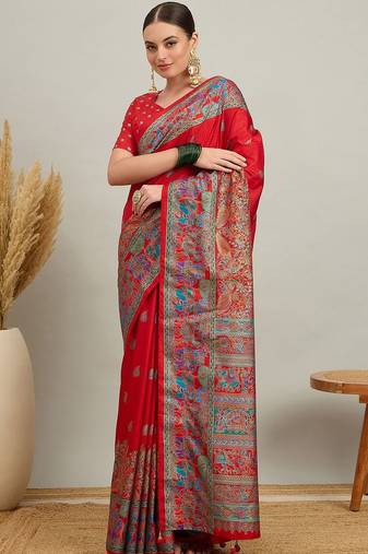 red ethnic motifs silk printing saree