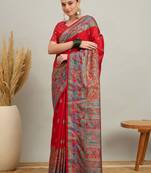 red ethnic motifs silk printing saree