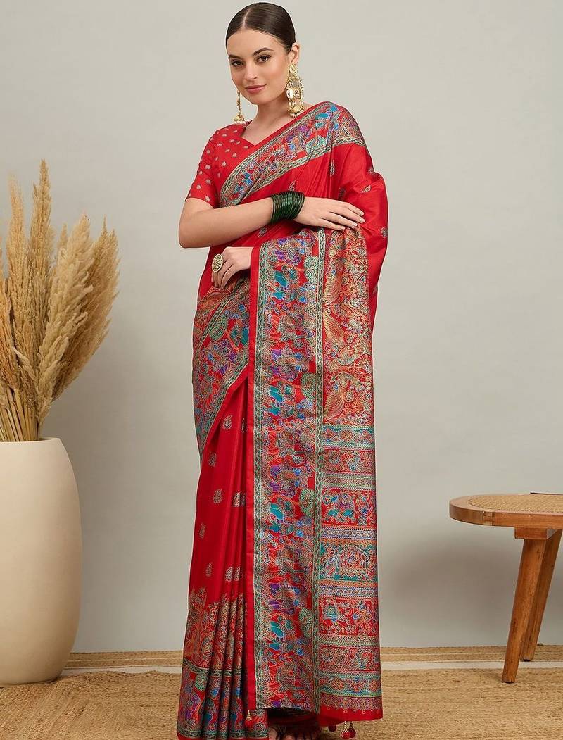 red ethnic motifs silk printing saree