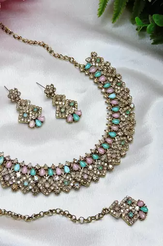 Green color yellow gold plating festive wear designer necklace set