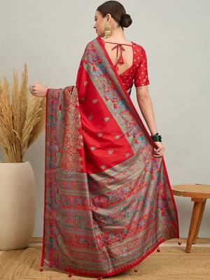 red ethnic motifs silk printing saree 2