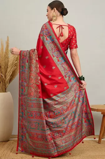 red ethnic motifs silk printing saree