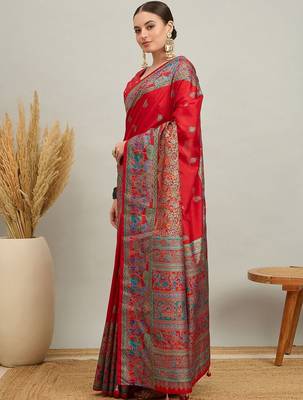 red ethnic motifs silk printing saree 3