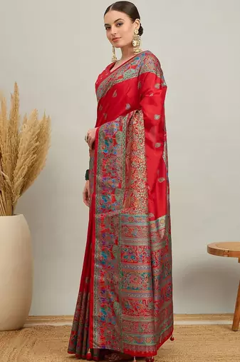 red ethnic motifs silk printing saree