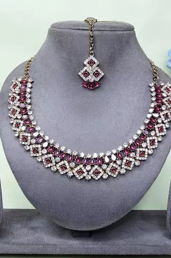 Purple color yellow gold plating festive wear designer necklace set