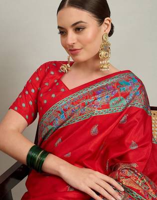 red ethnic motifs silk printing saree 4