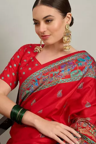 red ethnic motifs silk printing saree