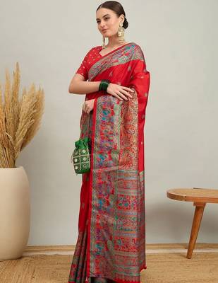 red ethnic motifs silk printing saree 5