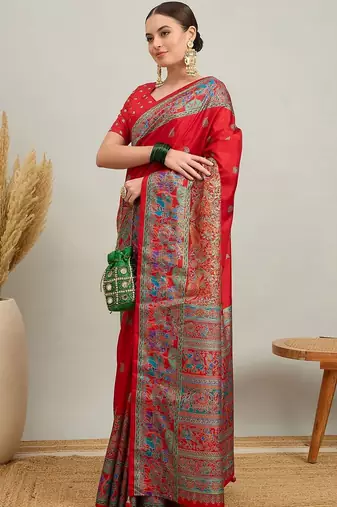 red ethnic motifs silk printing saree