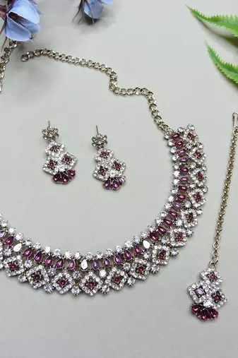 Purple color yellow gold plating festive wear designer necklace set