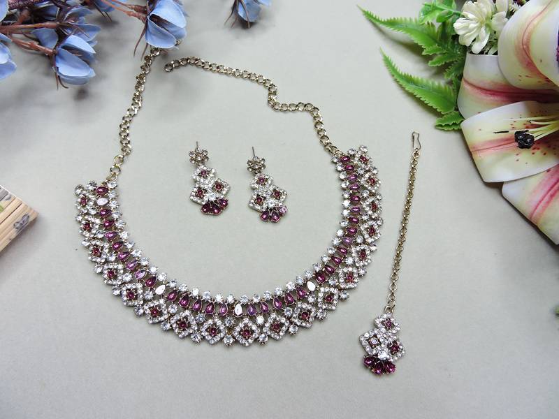 Purple color yellow gold plating festive wear designer necklace set