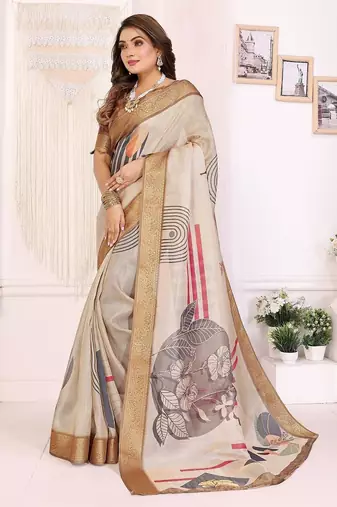 off_white woven design floral zari saree