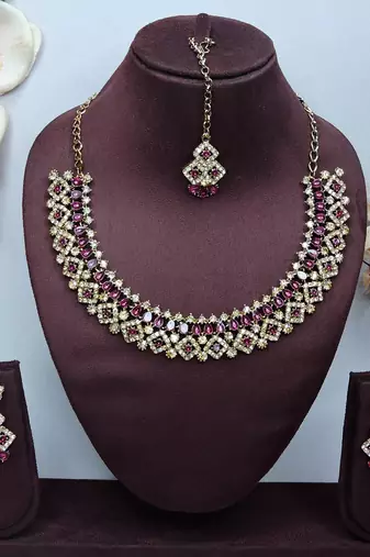 Purple color yellow gold plating festive wear designer necklace set