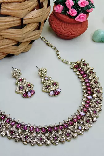 Purple color yellow gold plating festive wear designer necklace set