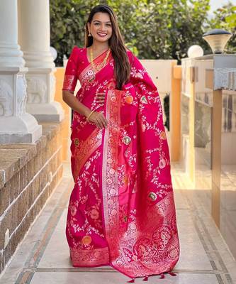 pink woven design zari silk blend banarasi saree 1