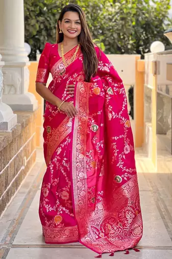 pink woven design zari silk blend banarasi saree