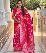 pink woven design zari silk blend banarasi saree