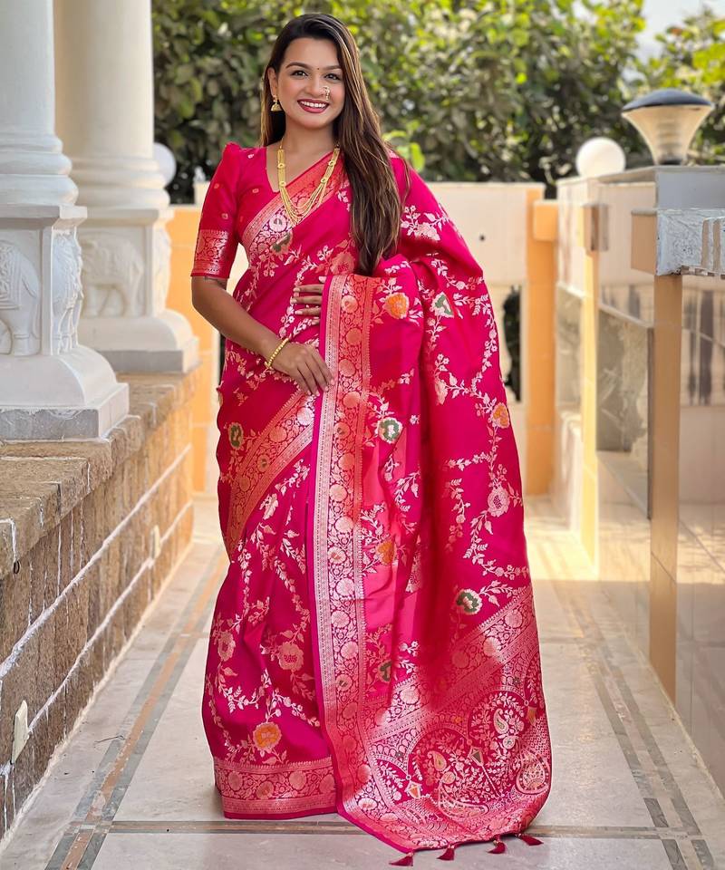 pink woven design zari silk blend banarasi saree