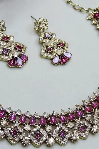 Purple color yellow gold plating festive wear designer necklace set