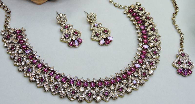 Purple color yellow gold plating festive wear designer necklace set