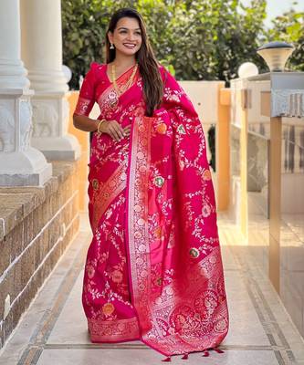 pink woven design zari silk blend banarasi saree 2